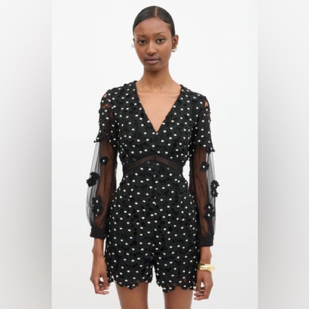Self-Portrait Daisy Dot Floral Boho Lace Rompe Sheer-Sleeve Embellished Romper